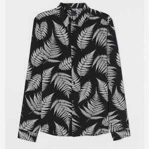 H&M XL Black White Fern Print Long Sleeve Casual Button Down Shirt